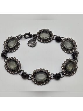 Monet Smoky Crystal Link Bracelet Vintage Style Gunmetal Silver Tone 7.5”